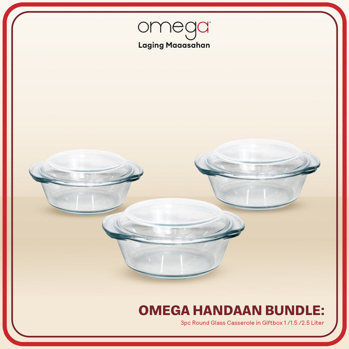 Omega Houseware Handaan Bundle: 3pc Set Onyx Round Glass Caserole w/ Lid 1L / 1.5L / 2.5L