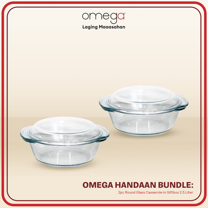 Omega Houseware Handaan Bundle: Onyx Round Glass Casserole w/ Lid 2pc Set 1L / 1.5L / 2.5L