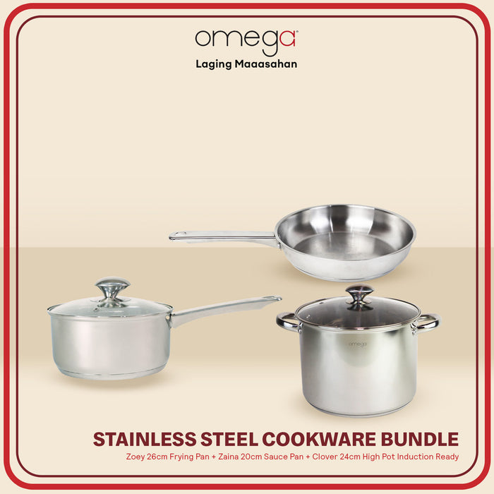 Omega Houseware Cookware Set Bundle |Zoey 26cm Frying Pan+Zaina 20cm Sauce Pan+Clover 24cm HIgh Pot