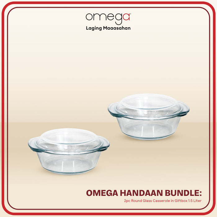 Omega Houseware Handaan Bundle: Onyx Round Glass Casserole w/ Lid 2pc Set 1L / 1.5L / 2.5L