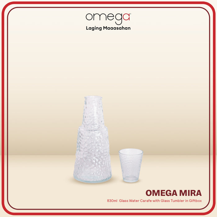 Omega Houseware Mira Glass Water Carafe with Glass Tumbler in Giftbox 830ml
