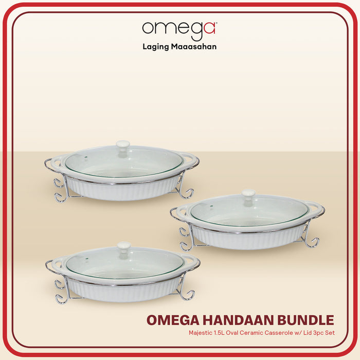 Omega Houseware Handaan Bundle: Majestic 1.5L Oval Ceramic Casserole w/ Lid 3pc Set