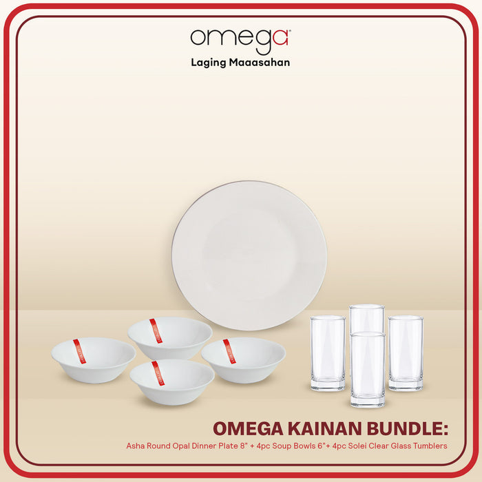 Omega Kainan Bundle: Round Opal Dinner Plates 8inch + Soup Bowl 6inch + Solei Clear Glass Tumbler