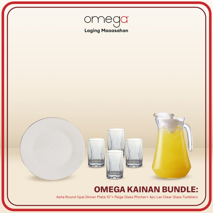 Omega Kainan Bundle: Asha Round Opal Dinner Plates 10inch + Paige Glass Pitcher + Lav Glass Tumbler