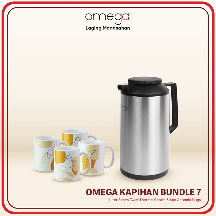 Omega Houseware Kapertner 1L Screw Twist Thermal Carafe and 4pc Ceramic Mug Bundle