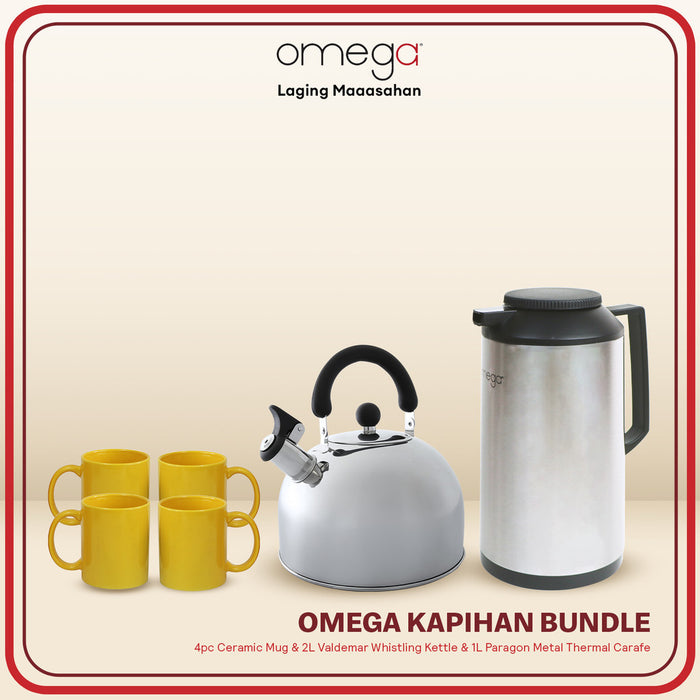 Omega Houseware Kapertner Bundle 1.6 Thermal Carafe with 2L Whistling Kettle and 4pc 12oz Mug Set
