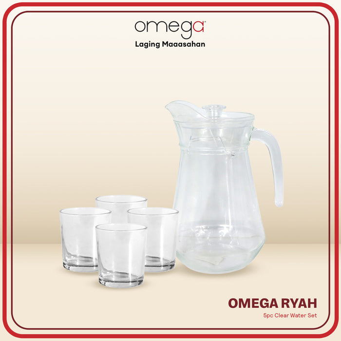 Omega Houseware Ryah 5-piece Set in Gift Box I 1.4L Glass Pitcher w/ 8oz Glass Tumblers
