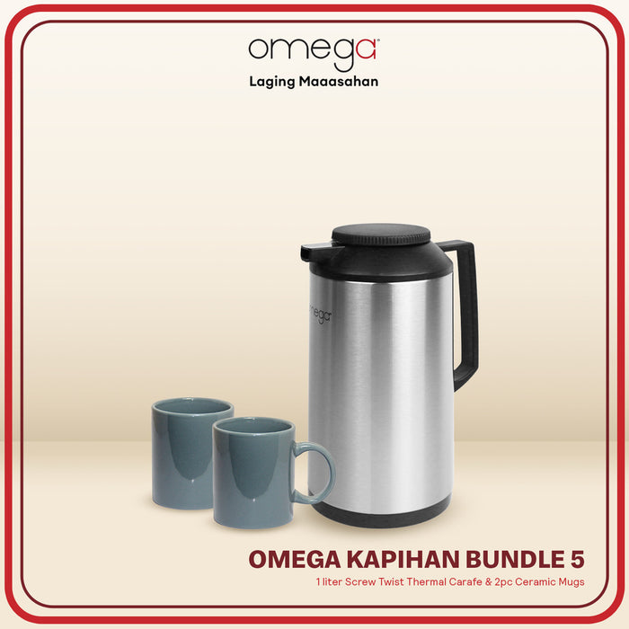 Omega Houseware Kapertner 1L Screw Twist Thermal Carafe and 2pc Ceramic Mug Bundle