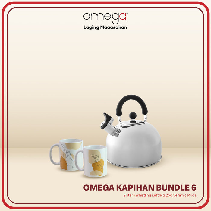 Omega Houseware Kapertner 2L Whistling Kettle and 2pc Ceramic Mugs Bundle