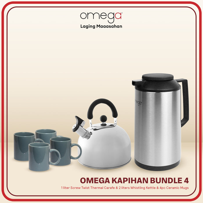 Omega Houseware Kapertner 1L Screw Twist Thermal Carafe and 2L Whistling Kettle and 4pc Ceramic Mugs