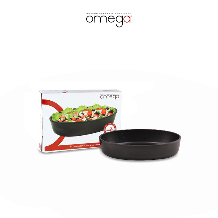 Omega Clove 2.4 Liters Oval Glass Food Server with Imported Non-Stick Coating in Black / White